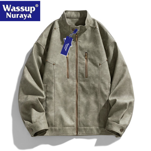 WASSUP Nuraya潮牌復古棕色立領皮衣外套男高級情侶休閒百搭夾克 WASSUP Nuraya潮牌復古棕色立領皮衣外套男高級情侶休閒百搭夾克