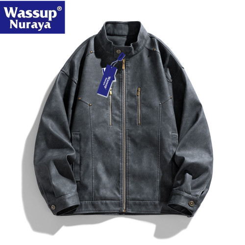 WASSUP Nuraya潮牌復古棕色立領皮衣外套男高級情侶休閒百搭夾克 WASSUP Nuraya潮牌復古棕色立領皮衣外套男高級情侶休閒百搭夾克