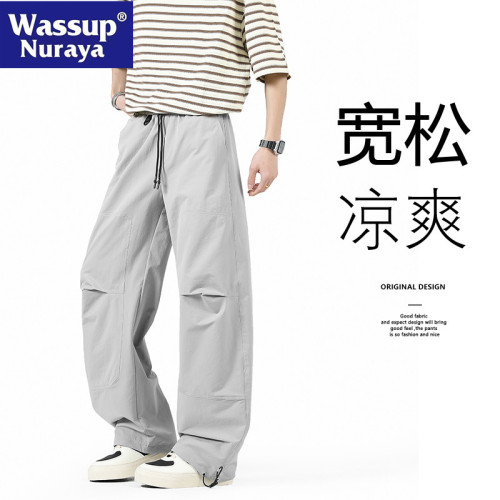 WASSUP NURAYA工裝褲男2025新款春夏寬松彎刀褲痞帥濶腿休閒褲子