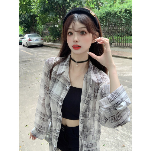 冰絲垂感格子防曬襯衫女夏季港味復古寬松顯瘦中長款長袖襯衣外套