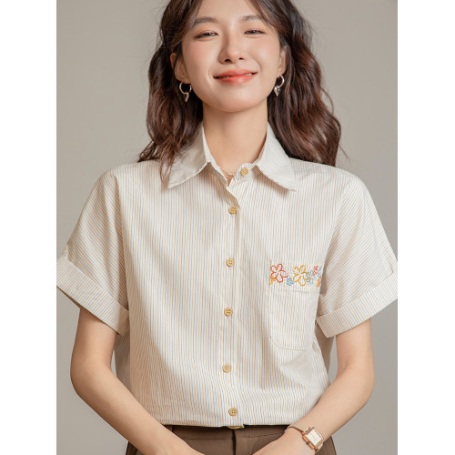 法式設計感小衆純棉綉花條紋短袖襯衫女夏季2025新款休閒通勤上衣