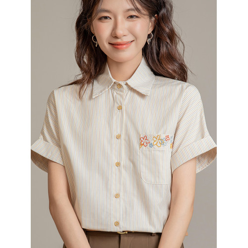 法式設計感小衆純棉綉花條紋短袖襯衫女夏季2025新款休閒通勤上衣