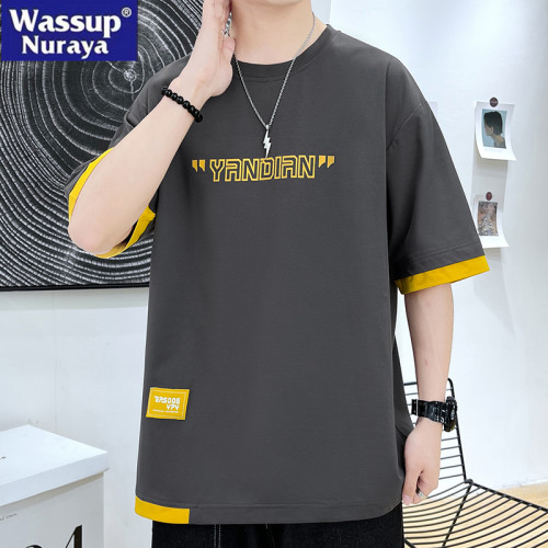 WASSUP NURAYA假兩件短袖T恤男夏季冰絲半袖體恤美式牌拼接上衣服