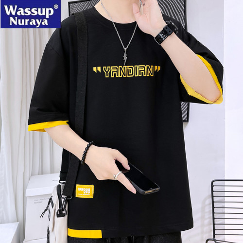 WASSUP NURAYA假兩件短袖T恤男夏季冰絲半袖體恤美式牌拼接上衣服
