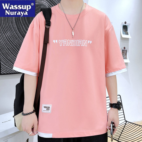 WASSUP NURAYA假兩件短袖T恤男夏季冰絲半袖體恤美式牌拼接上衣服