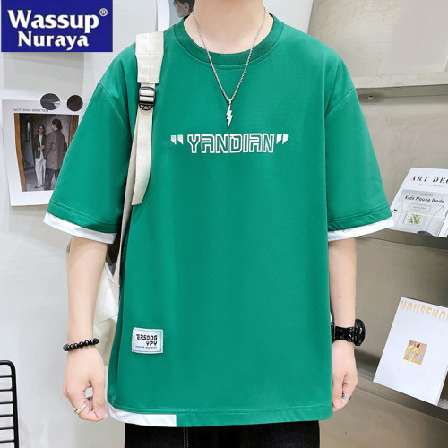 WASSUP NURAYA假兩件短袖T恤男夏季冰絲半袖體恤美式牌拼接上衣服