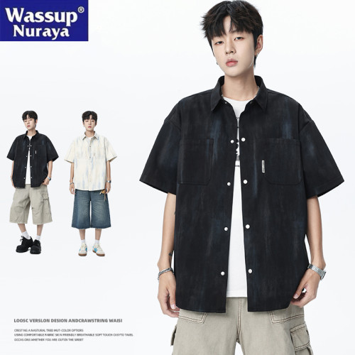 WASSUP NURAYA工裝短袖襯衫男夏裝冰絲花襯衣冰絲紥染休閒半袖潮