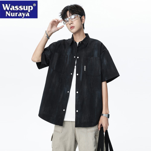 WASSUP NURAYA工裝短袖襯衫男夏裝冰絲花襯衣冰絲紥染休閒半袖潮