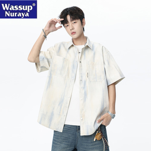 WASSUP NURAYA工裝短袖襯衫男夏裝冰絲花襯衣冰絲紥染休閒半袖潮