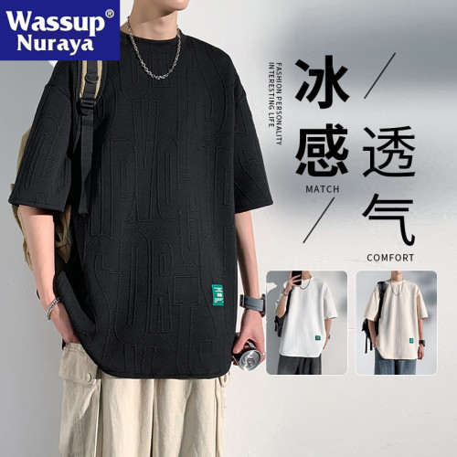 WASSUP NURAYA提花短袖t恤男夏季潮流休閒寬松慵懶風黑色情侶上衣