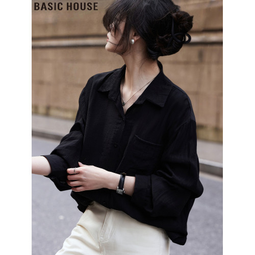 Basic House/百家好法式高級感黑色翻領長袖襯衫2025夏季新款女裝