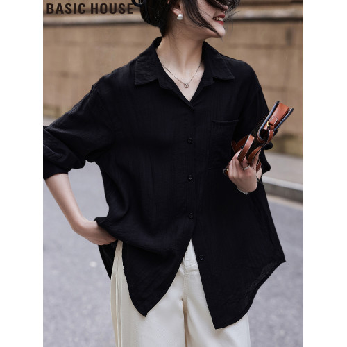 Basic House/百家好法式高級感黑色翻領長袖襯衫2025夏季新款女裝
