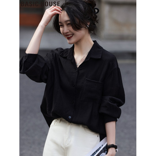 Basic House/百家好法式高級感黑色翻領長袖襯衫2025夏季新款女裝