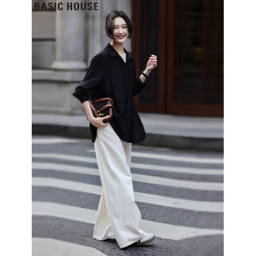 Basic House/百家好法式高級感黑色翻領長袖襯衫2025夏季新款女裝