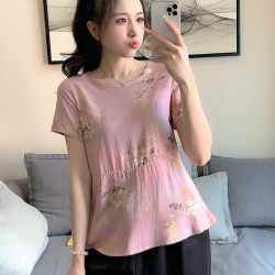 碎花襯衫女棉綢夏裝新款寬松遮肚子裙擺小衫中年媽媽洋氣短袖上衣