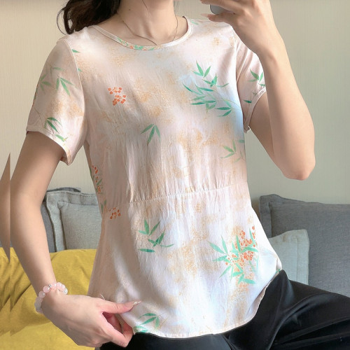 碎花襯衫女棉綢夏裝新款寬松遮肚子裙擺小衫中年媽媽洋氣短袖上衣