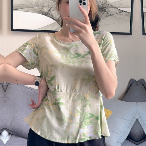 碎花襯衫女棉綢夏裝新款寬松遮肚子裙擺小衫中年媽媽洋氣短袖上衣