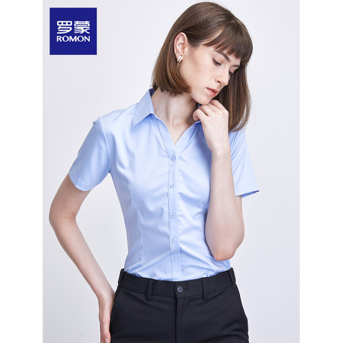 羅矇女士V領短袖白襯衫夏季藍色工裝工作服職業面試襯衣白色上衣