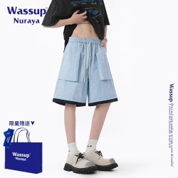 WASSUP NURAYA加肥加大冰絲速乾五分短褲男士美式多口袋濶腿褲子