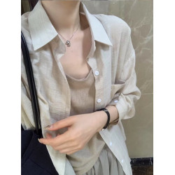 夏季簡單慵懶感舒服天絲竹節棉麻卡其色防曬襯衫吊帶兩件套上衣女