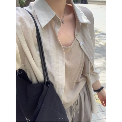 夏季簡單慵懶感舒服天絲竹節棉麻卡其色防曬襯衫吊帶兩件套上衣女