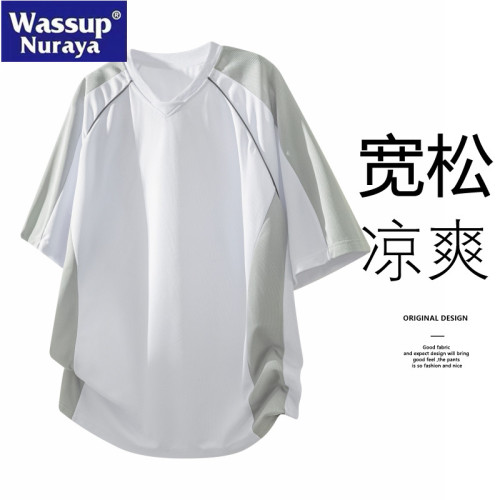 WASSUP Nuraya潮牌短袖t恤男夏撞色拼接寬松運動速乾V領半袖上衣