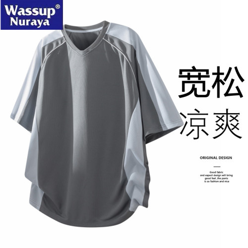 WASSUP Nuraya潮牌短袖t恤男夏撞色拼接寬松運動速乾V領半袖上衣