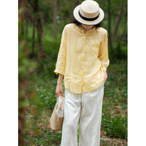 小耳出品柔軟親膚透氣100%苧麻文藝休閒寬鬆百搭單排釦圓領襯衫