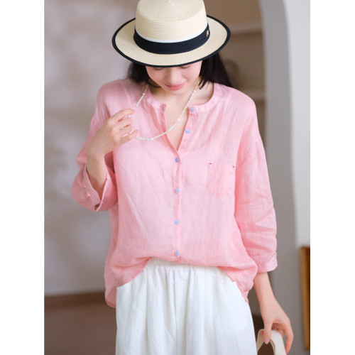 小耳出品柔軟親膚透氣100%苧麻文藝休閒寬鬆百搭單排釦圓領襯衫