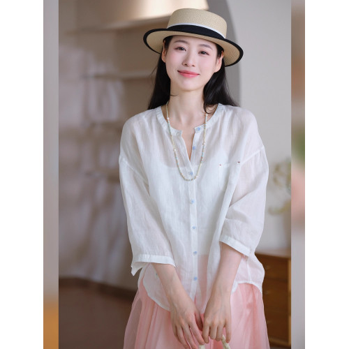 小耳出品柔軟親膚透氣100%苧麻文藝休閒寬鬆百搭單排釦圓領襯衫