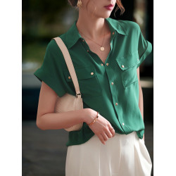 Basic House/百家好冰絲白色短袖襯衫女夏薄款法式氣質POLO領襯衣