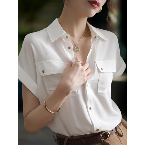 Basic House/百家好冰絲白色短袖襯衫女夏薄款法式氣質POLO領襯衣