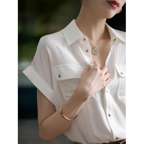 Basic House/百家好冰絲白色短袖襯衫女夏薄款法式氣質POLO領襯衣