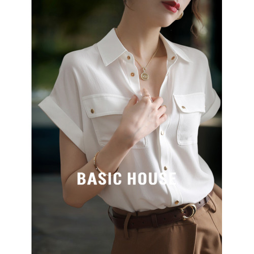Basic House/百家好冰絲白色短袖襯衫女夏薄款法式氣質POLO領襯衣