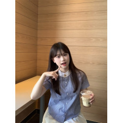 韓系甜美條紋撞色短袖襯衫女夏季新款百搭顯瘦小衆設計感別致上衣