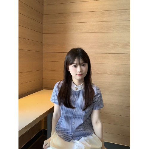 韓系甜美條紋撞色短袖襯衫女夏季新款百搭顯瘦小衆設計感別致上衣