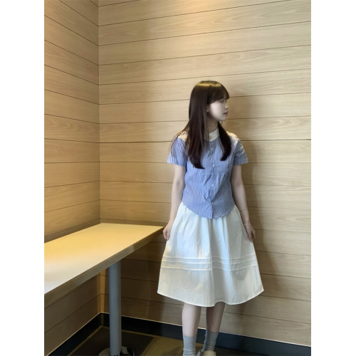 韓系甜美條紋撞色短袖襯衫女夏季新款百搭顯瘦小衆設計感別致上衣
