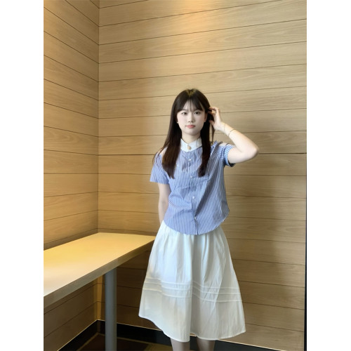 韓系甜美條紋撞色短袖襯衫女夏季新款百搭顯瘦小衆設計感別致上衣