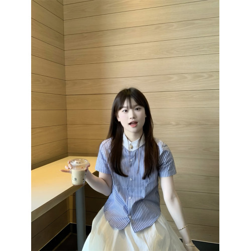 韓系甜美條紋撞色短袖襯衫女夏季新款百搭顯瘦小衆設計感別致上衣
