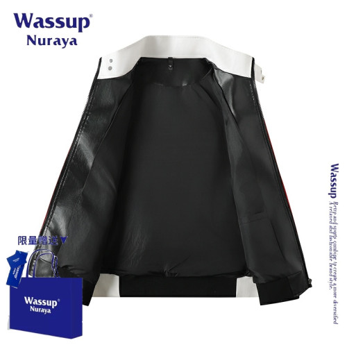 WASSUP NURAYA美式復古撞色拼接皮衣外套男款春秋新款機車服夾克