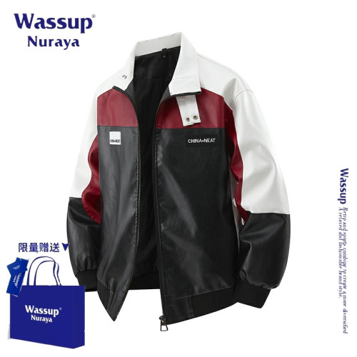 WASSUP NURAYA美式復古撞色拼接皮衣外套男款春秋新款機車服夾克