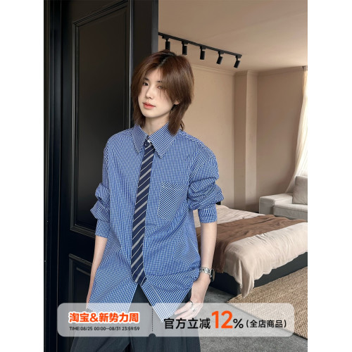 Ja1從不熬夜 美式復古假領帶高級感高智短袖襯衫男女格子襯衣
