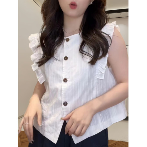 法式無袖襯衫女夏季新款圓領荷葉邊設計薄款小衫時尚氣質百搭上衣