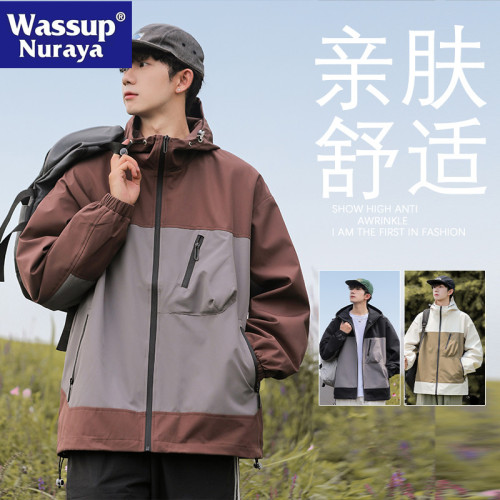 WASSUP NURAYA美式戶外沖鋒衣男春秋潮牌連帽防水登山服工裝外套