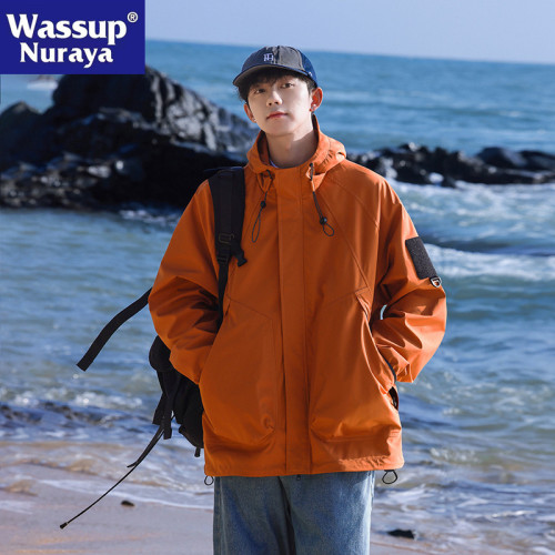 WASSUP NURAYA潮牌日系工裝連帽外套青少年學生沖鋒衣休閒夾克男