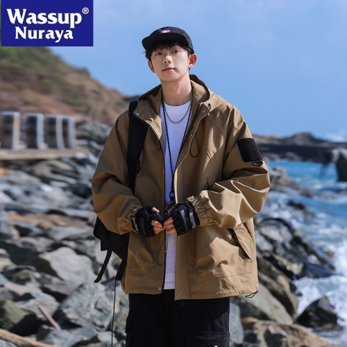 WASSUP NURAYA潮牌日系工裝連帽外套青少年學生沖鋒衣休閒夾克男