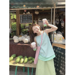 薄荷綠條紋無袖吊帶襯衫女夏日雙層拼接撞色可調節掛脖曼波風上衣