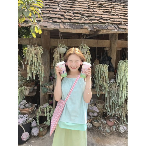 薄荷綠條紋無袖吊帶襯衫女夏日雙層拼接撞色可調節掛脖曼波風上衣