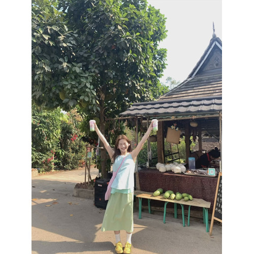 薄荷綠條紋無袖吊帶襯衫女夏日雙層拼接撞色可調節掛脖曼波風上衣