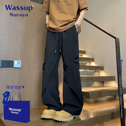 WASSUP NURAYA美式潮牌褶皺繖兵工裝褲男士夏季新款寬松休閒褲子